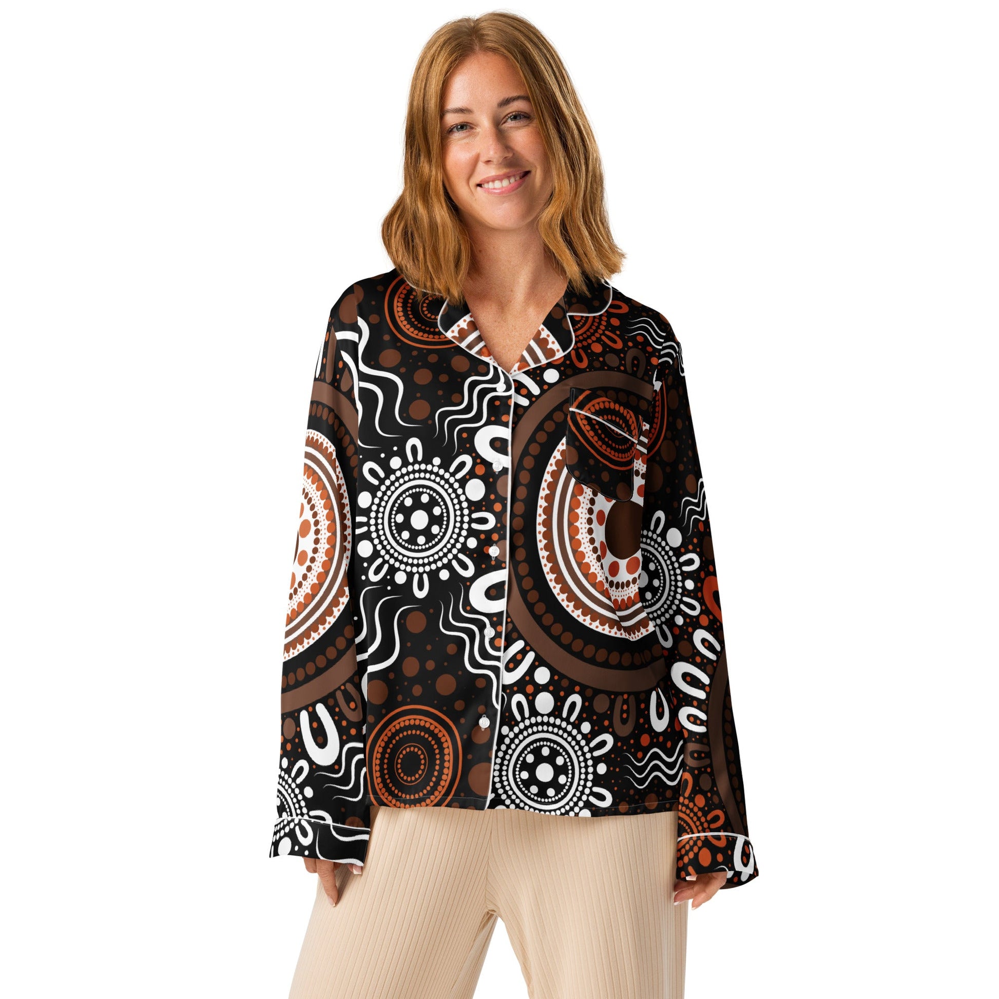 "Woven Together" Women’s Dark Brown Long Sleeve Pajama Top - Aboriginal Art by Lani