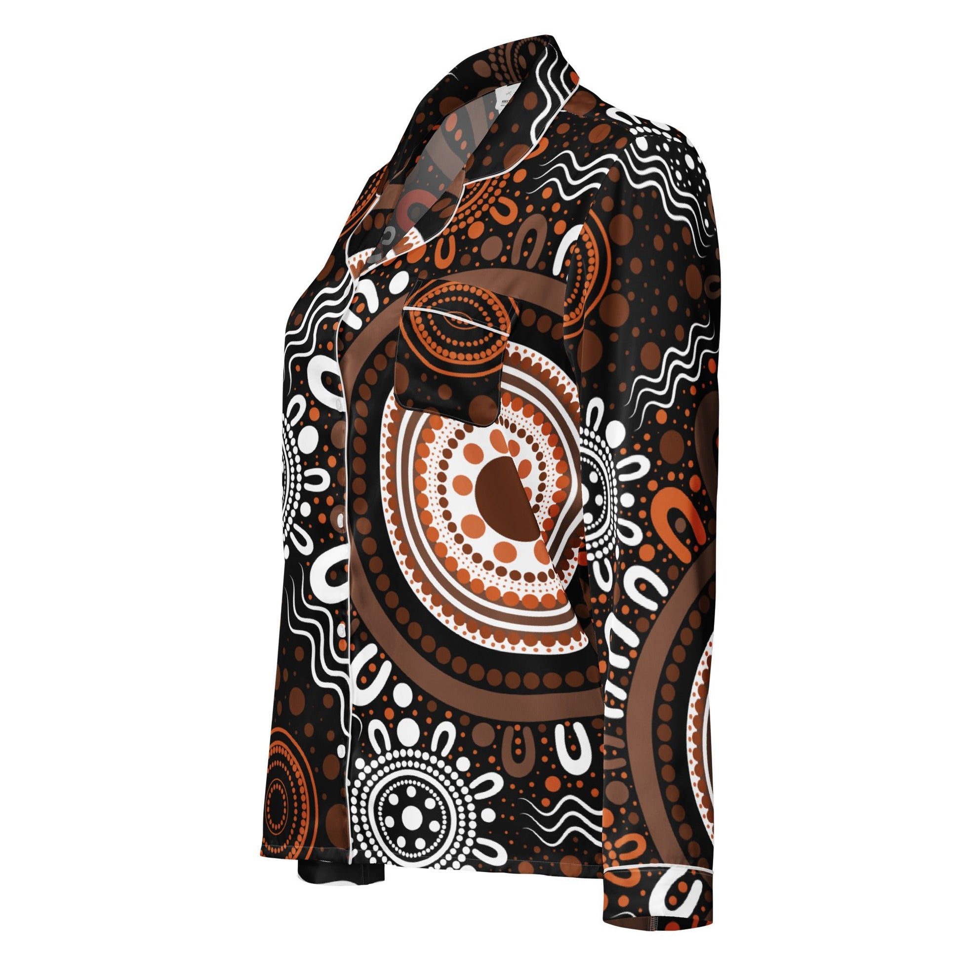 "Woven Together" Women’s Dark Brown Long Sleeve Pajama Top - Aboriginal Art by Lani