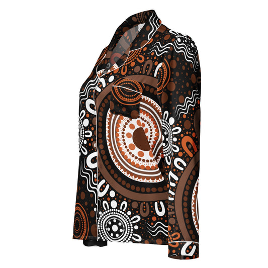 "Woven Together" Women’s Dark Brown Long Sleeve Pajama Top - Aboriginal Art by Lani