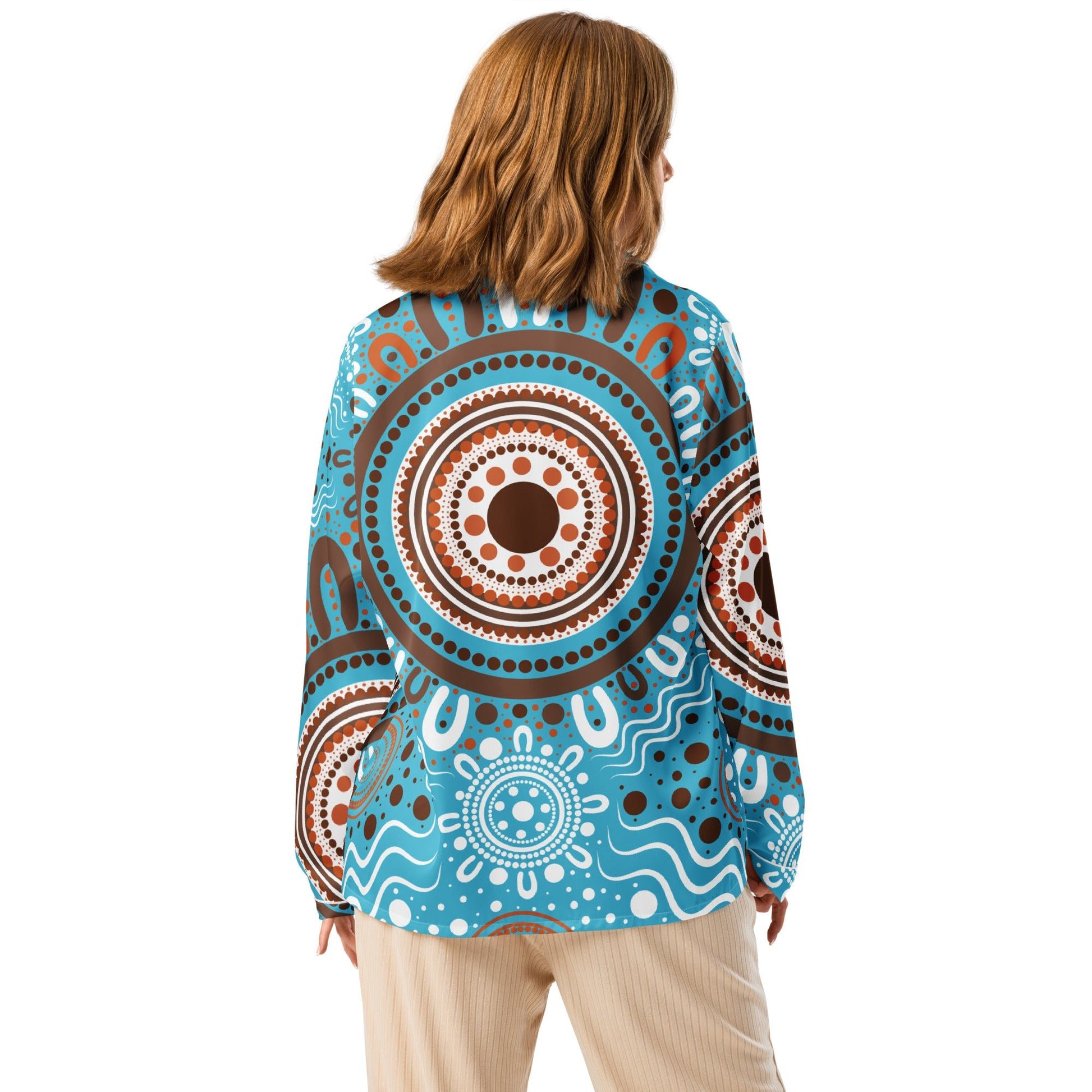 "Woven Together" Women’s Light Blue Long Sleeve Pajama Top - Aboriginal Art by Lani