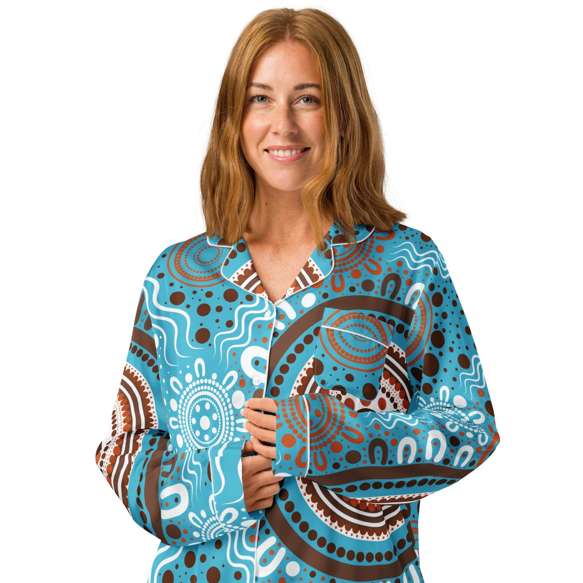 "Woven Together" Women’s Light Blue Long Sleeve Pajama Top - Aboriginal Art by Lani