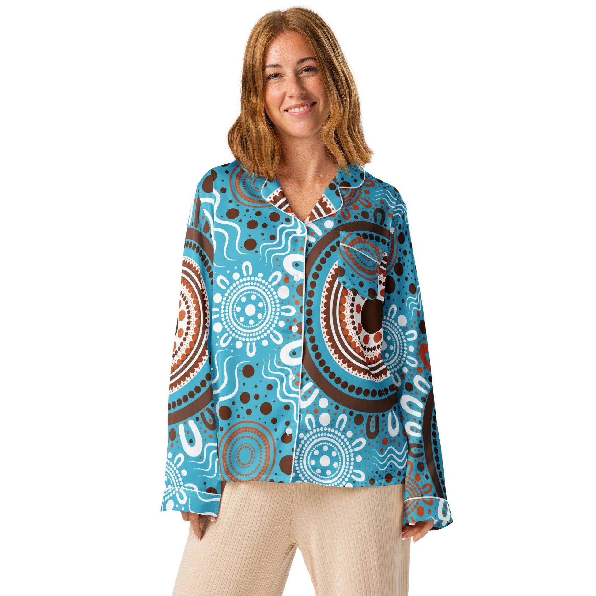 "Woven Together" Women’s Light Blue Long Sleeve Pajama Top - Aboriginal Art by Lani