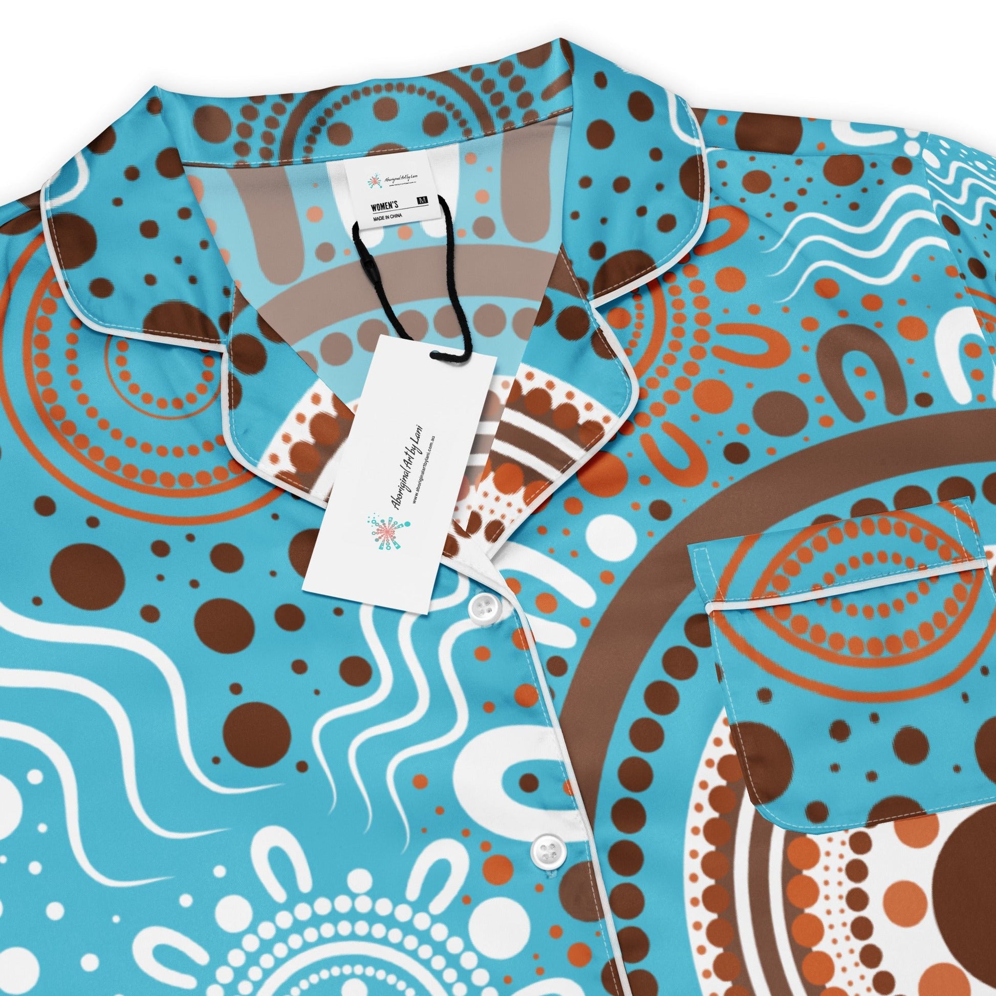 "Woven Together" Women’s Light Blue Long Sleeve Pajama Top - Aboriginal Art by Lani