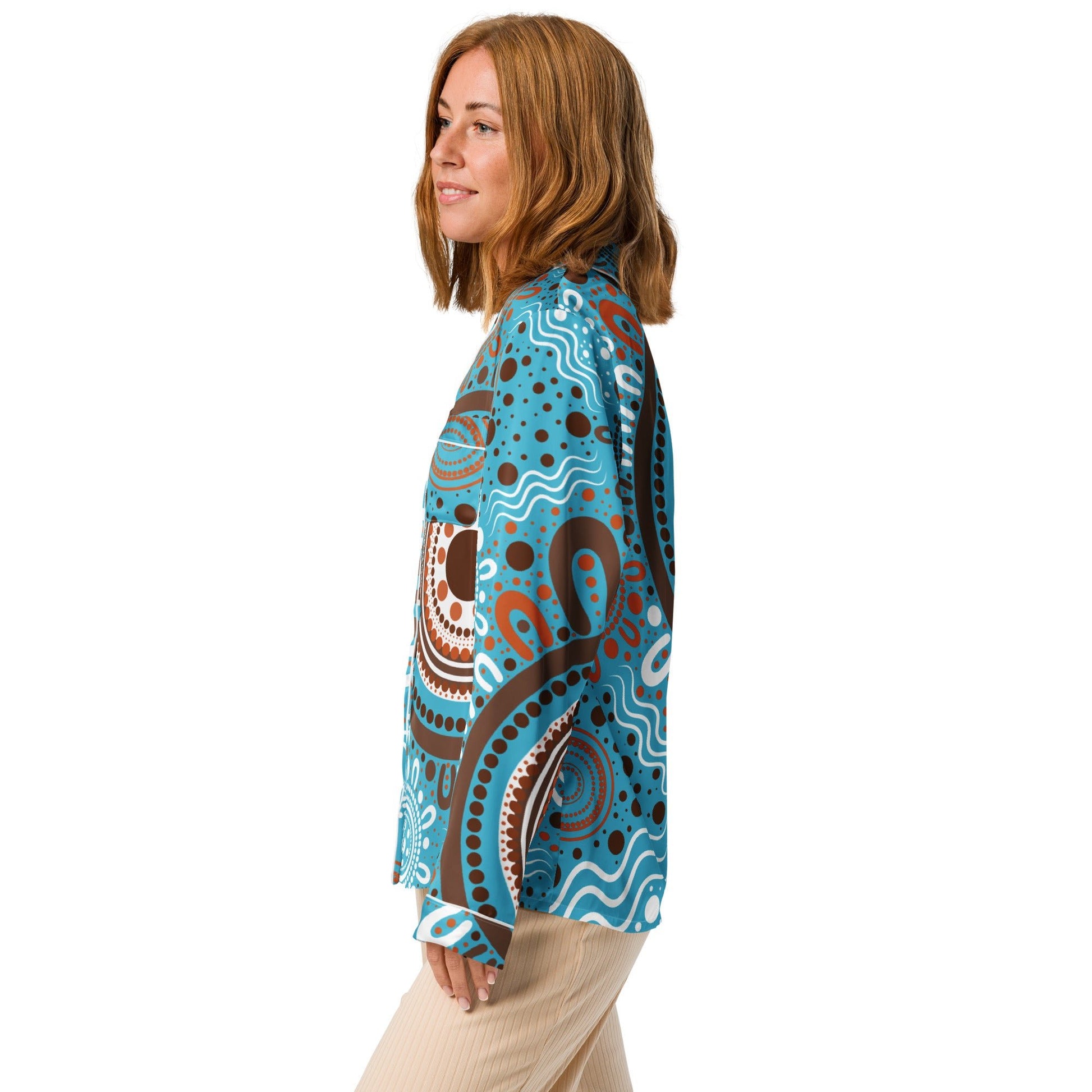 "Woven Together" Women’s Light Blue Long Sleeve Pajama Top - Aboriginal Art by Lani