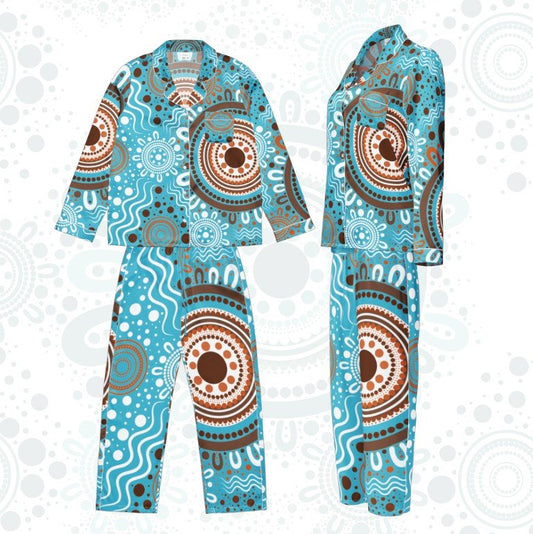 "Woven Together" Women’s Light Blue Long Sleeve Pyjama Top & Pants Bundle - Aboriginal Art by Lani