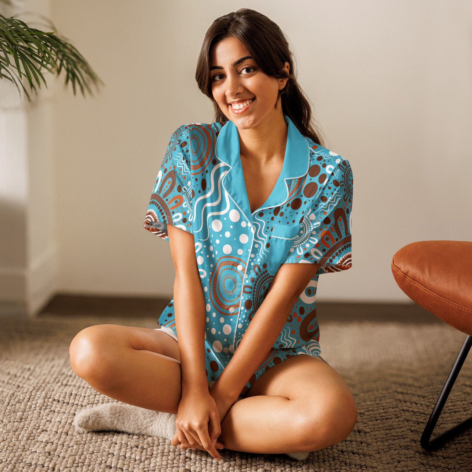 "Woven Together" Women’s Light Blue Short Sleeve Pyjama Top & Shorts Bundle - Aboriginal Art by Lani