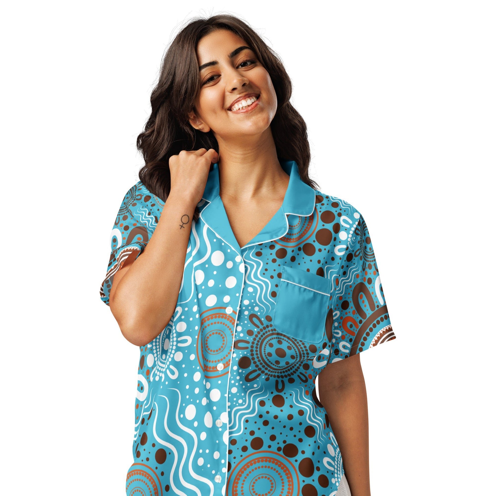 "Woven Together" Women’s Light Blue Short Sleeve Pyjama Top & Shorts Bundle - Aboriginal Art by Lani