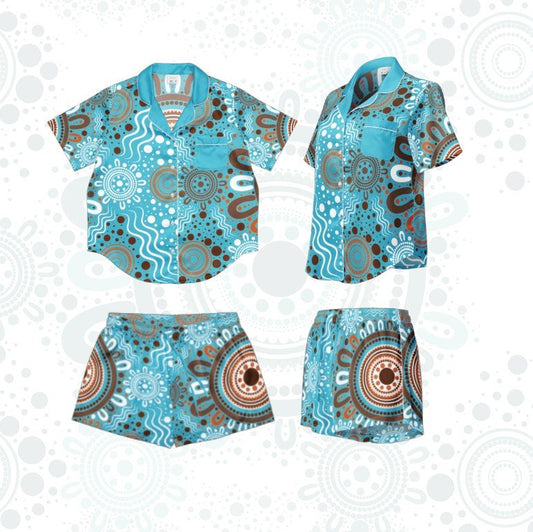 "Woven Together" Women’s Light Blue Short Sleeve Pyjama Top & Shorts Bundle - Aboriginal Art by Lani