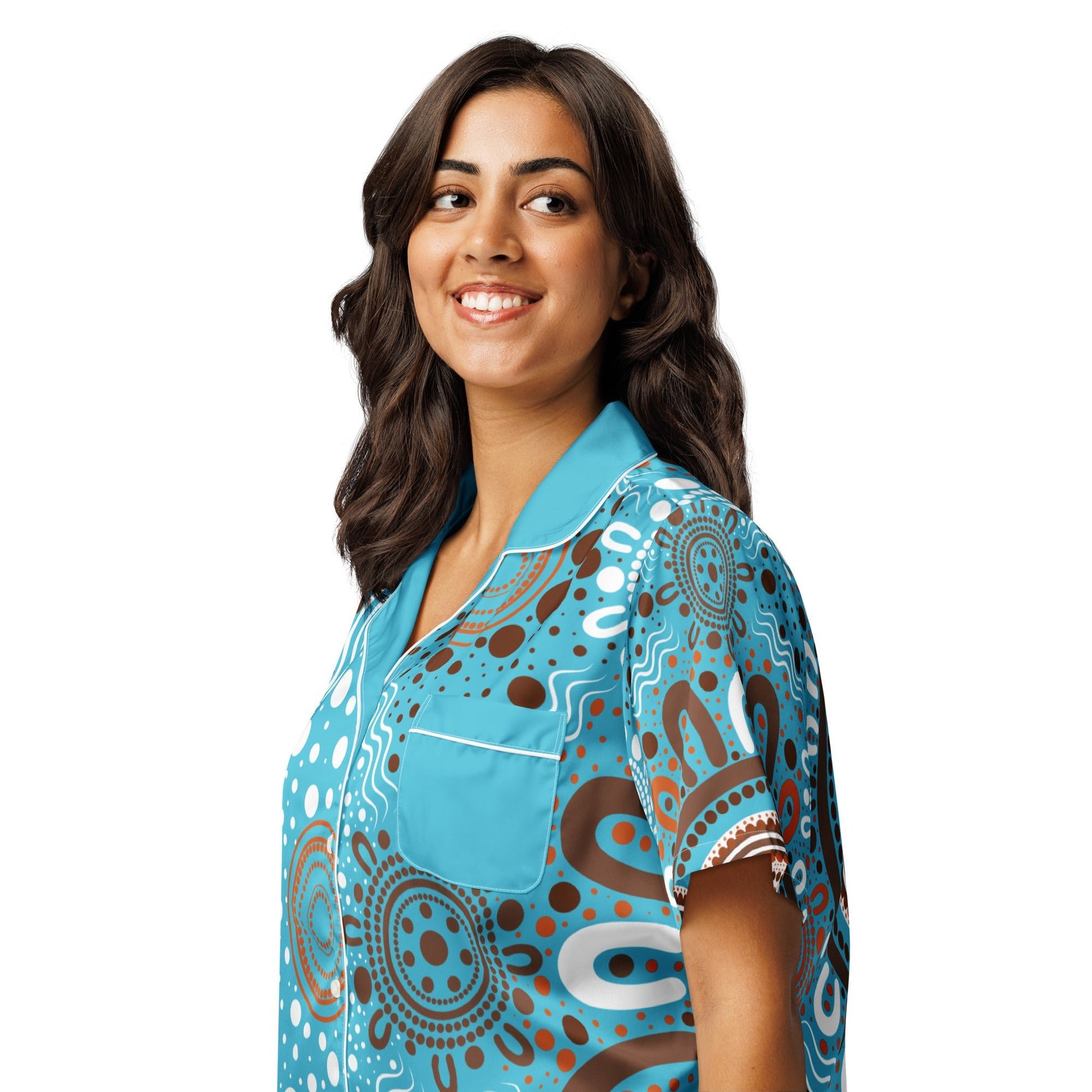 "Woven Together" Women’s Light Blue Short Sleeve Pyjama Top & Shorts Bundle - Aboriginal Art by Lani