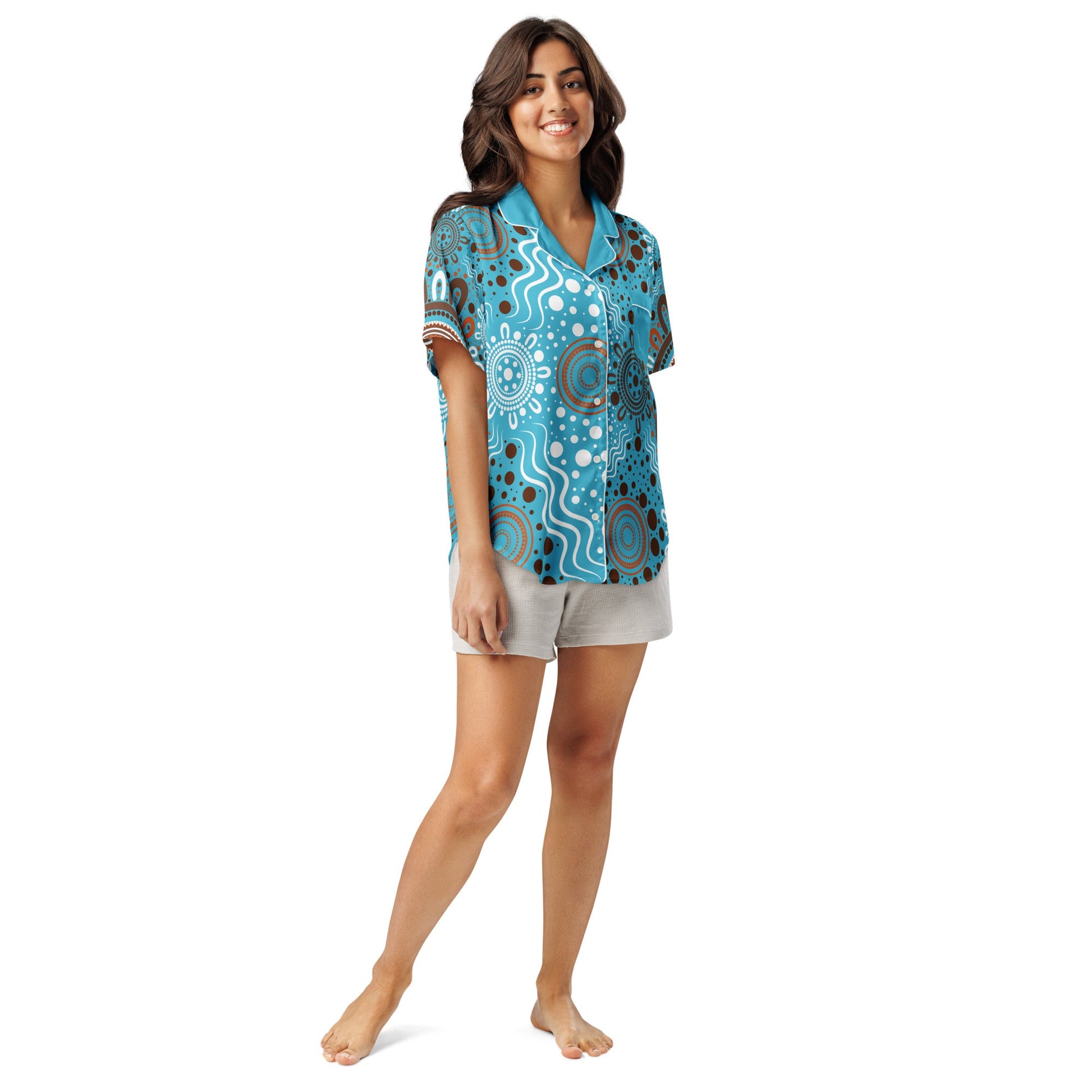 "Woven Together" Women’s Light Blue Women’s Short Sleeve Pyjama Top - Aboriginal Art by Lani