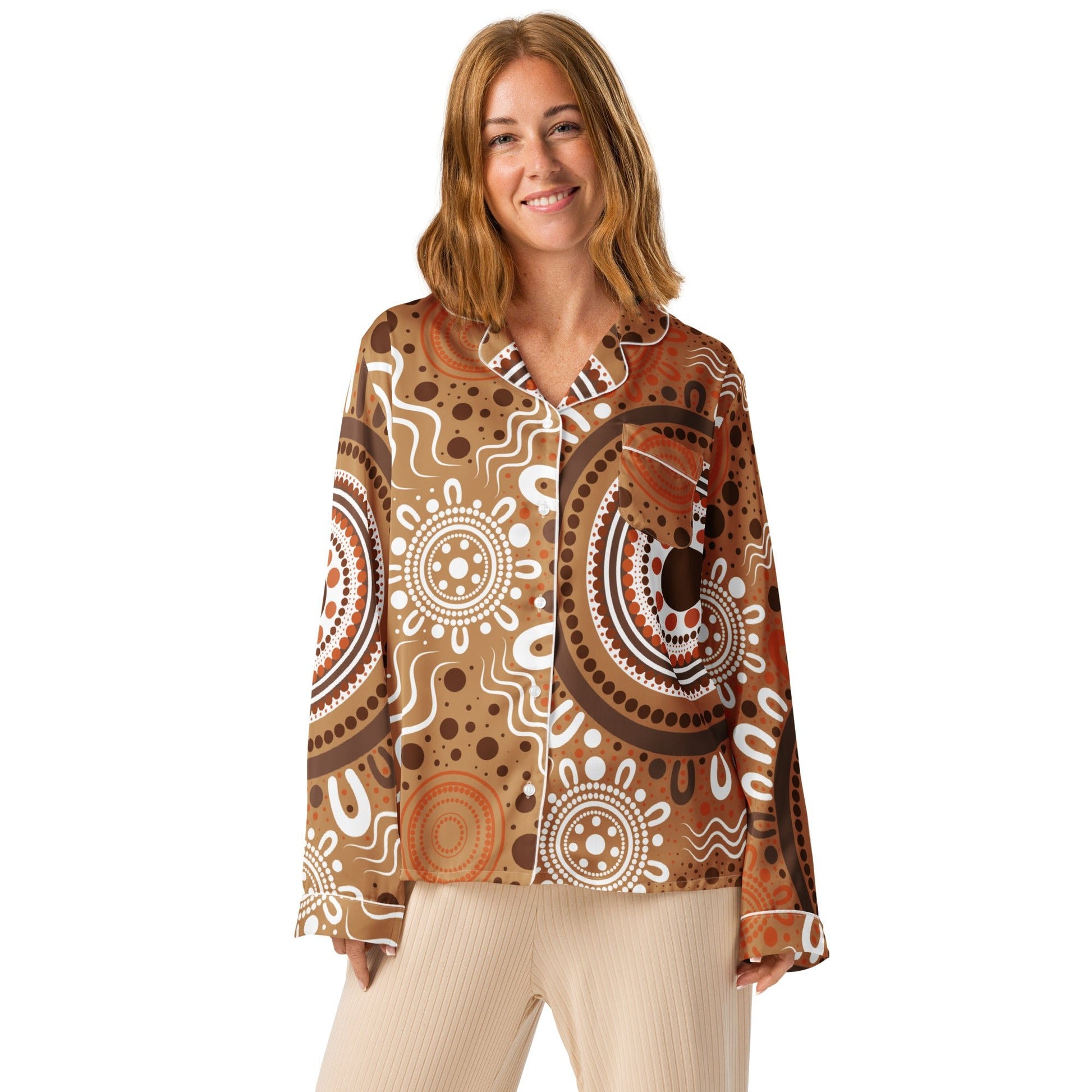 "Woven Together" Women’s Light Brown Long Sleeve Pajama Top - Aboriginal Art by Lani