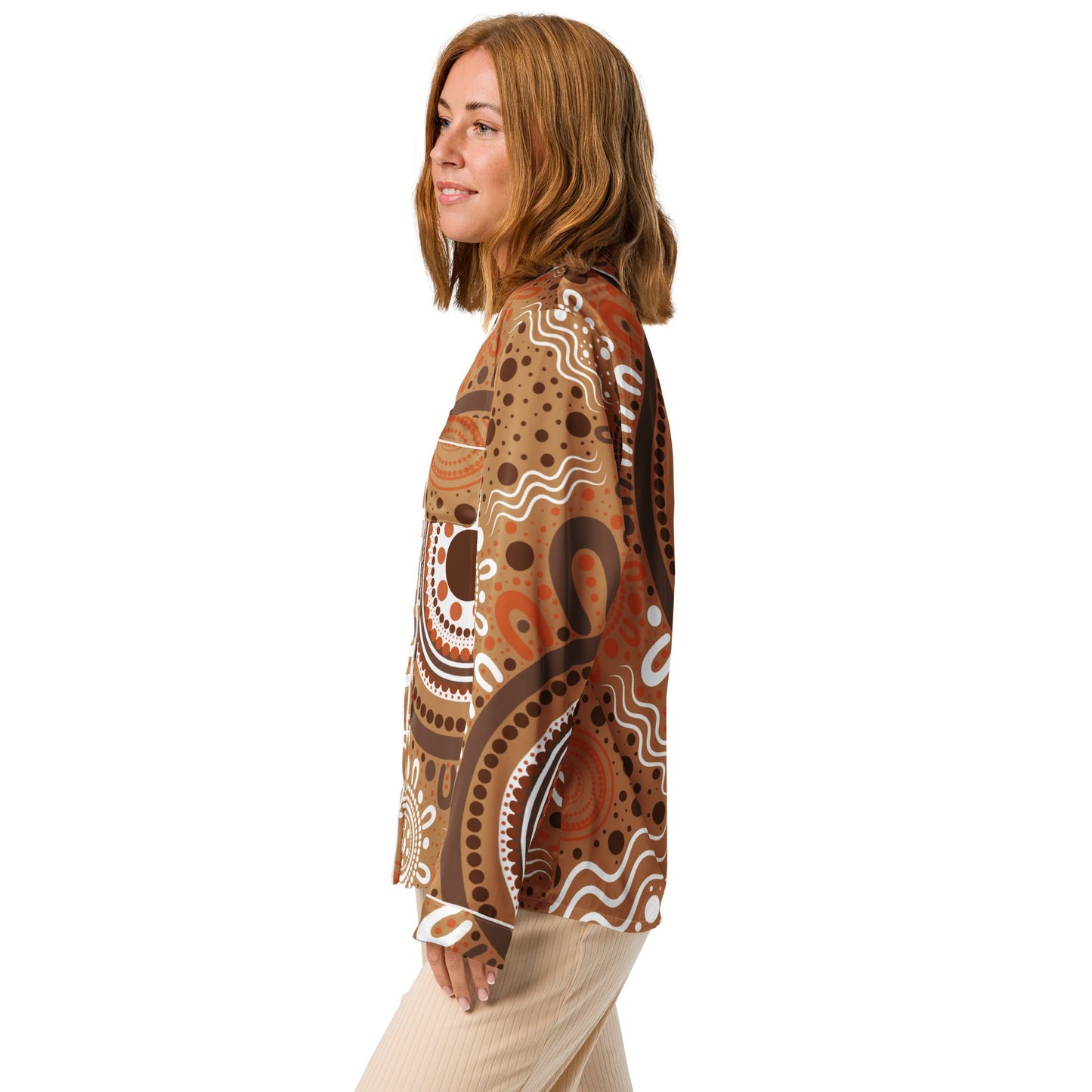 "Woven Together" Women’s Light Brown Long Sleeve Pajama Top - Aboriginal Art by Lani