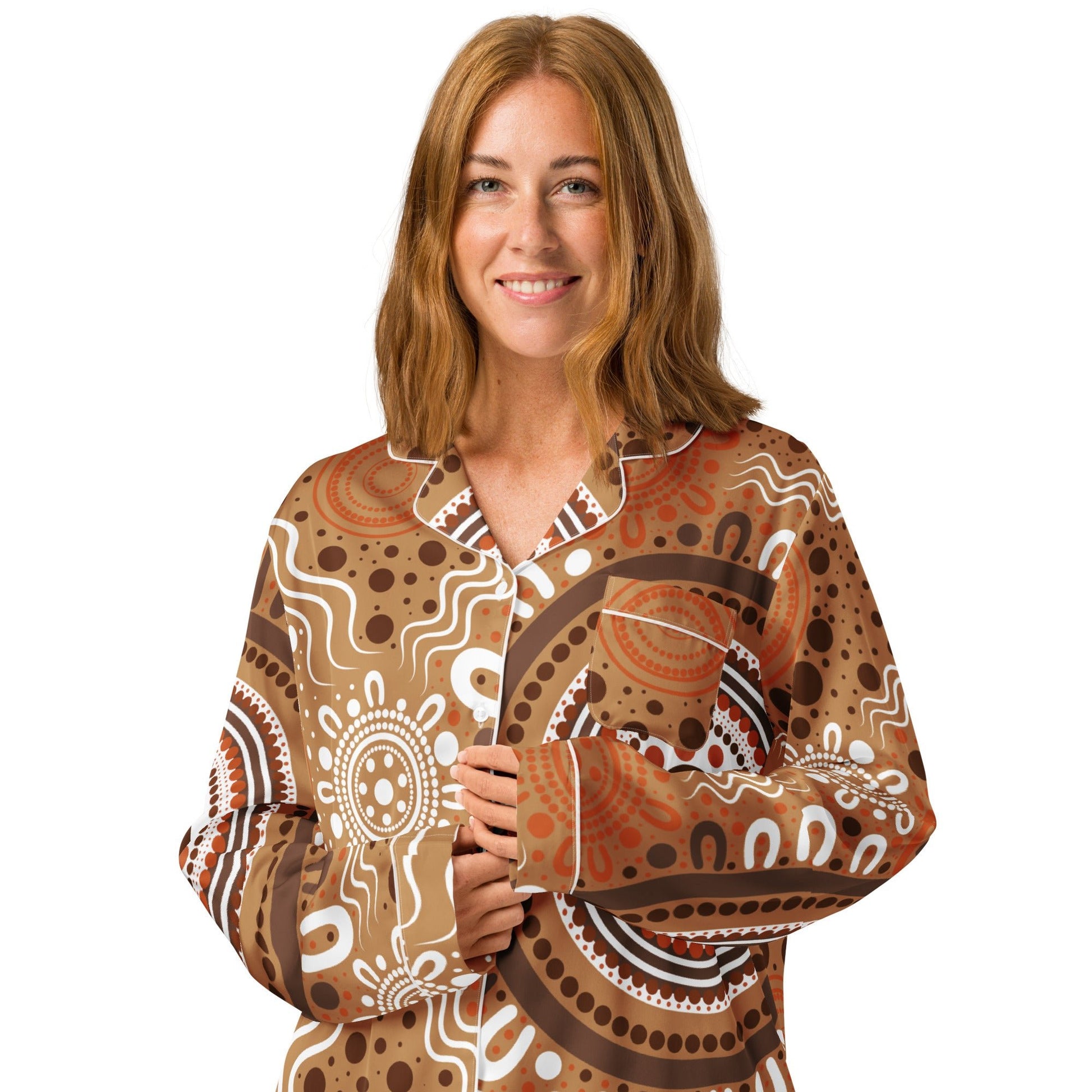 "Woven Together" Women’s Light Brown Long Sleeve Pajama Top - Aboriginal Art by Lani