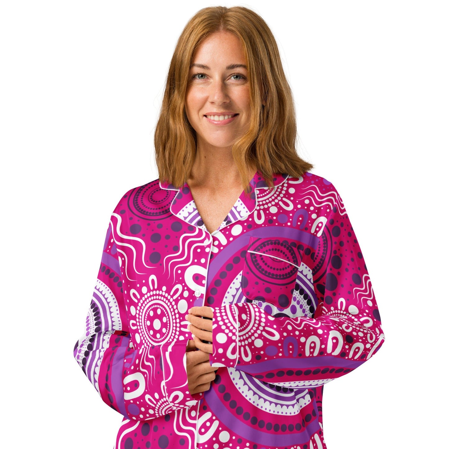 "Woven Together" Women’s Pink Long Sleeve Pajama Top - Aboriginal Art by Lani