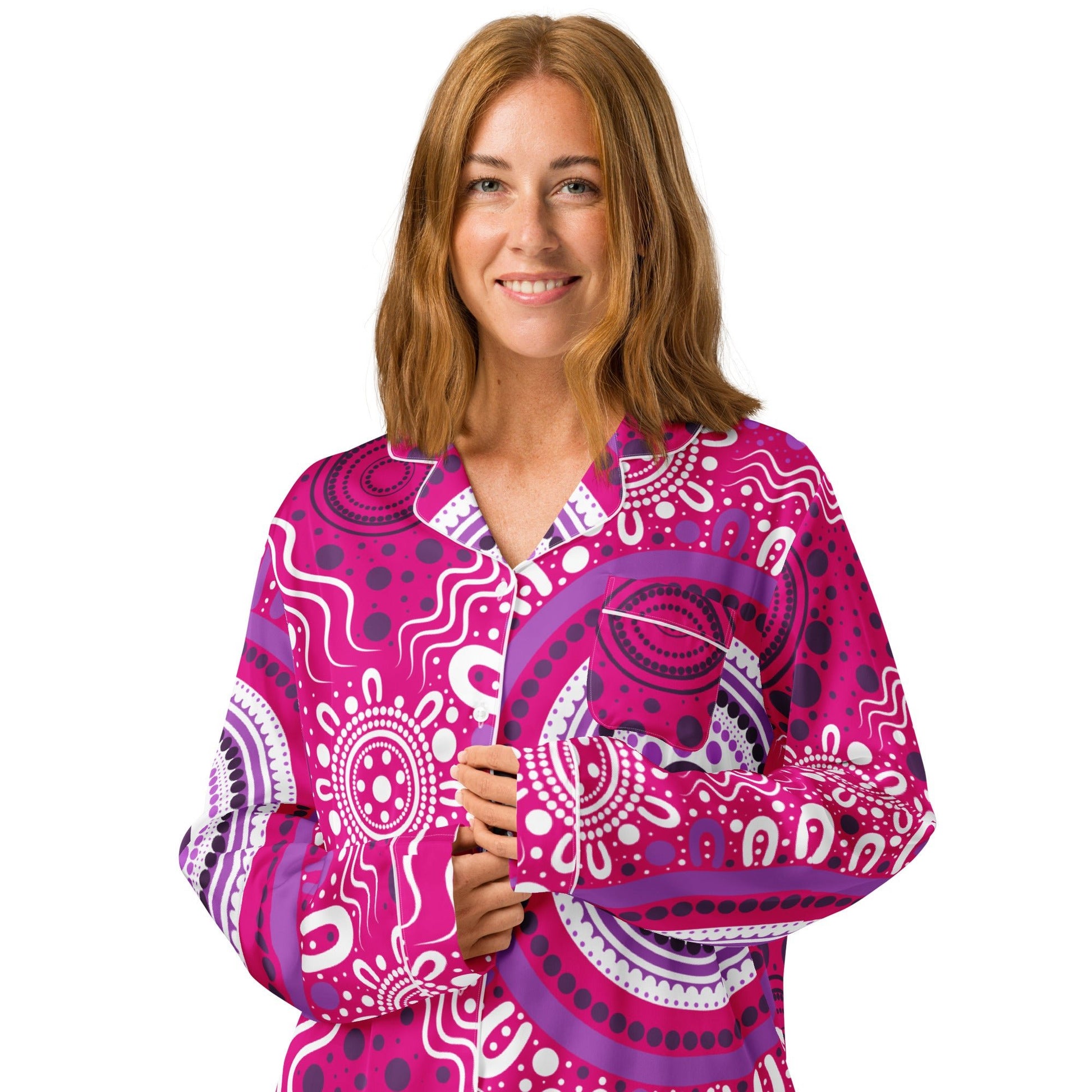"Woven Together" Women’s Pink Long Sleeve Pajama Top - Aboriginal Art by Lani