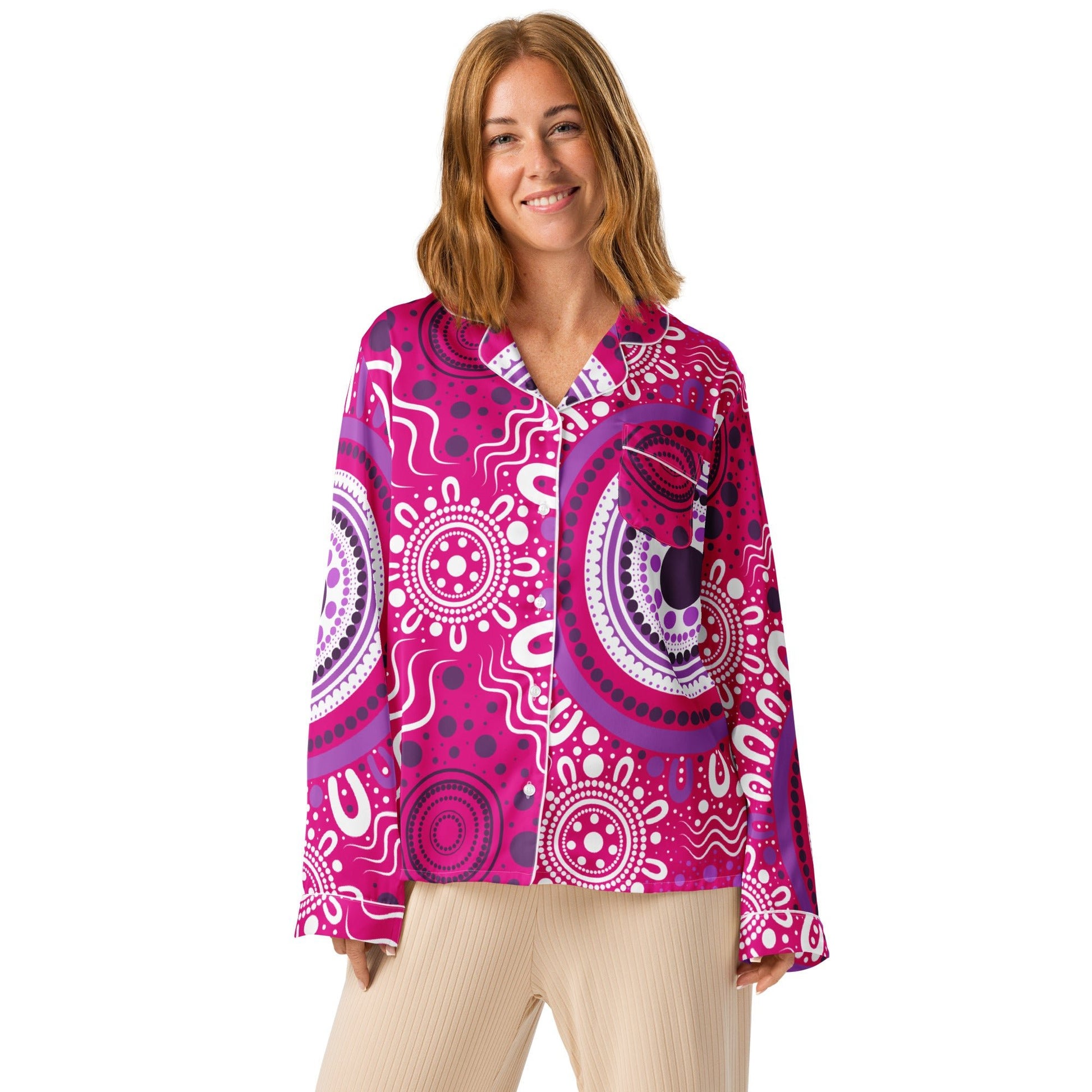 "Woven Together" Women’s Pink Long Sleeve Pajama Top - Aboriginal Art by Lani