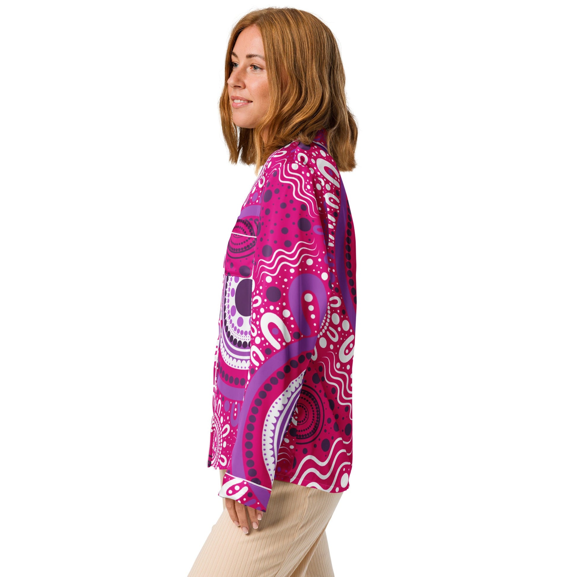 "Woven Together" Women’s Pink Long Sleeve Pajama Top - Aboriginal Art by Lani
