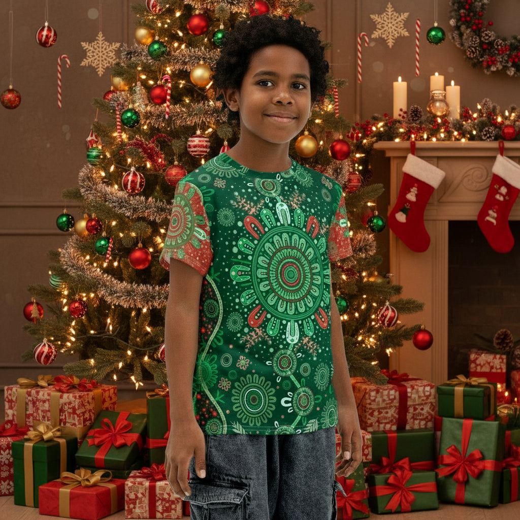 Youth Christmas Cotton Crew Neck T-Shirt - Aboriginal Art by Lani